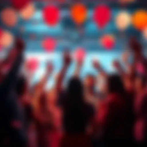 A group of people celebrating their achievements with balloons and confetti at a party.