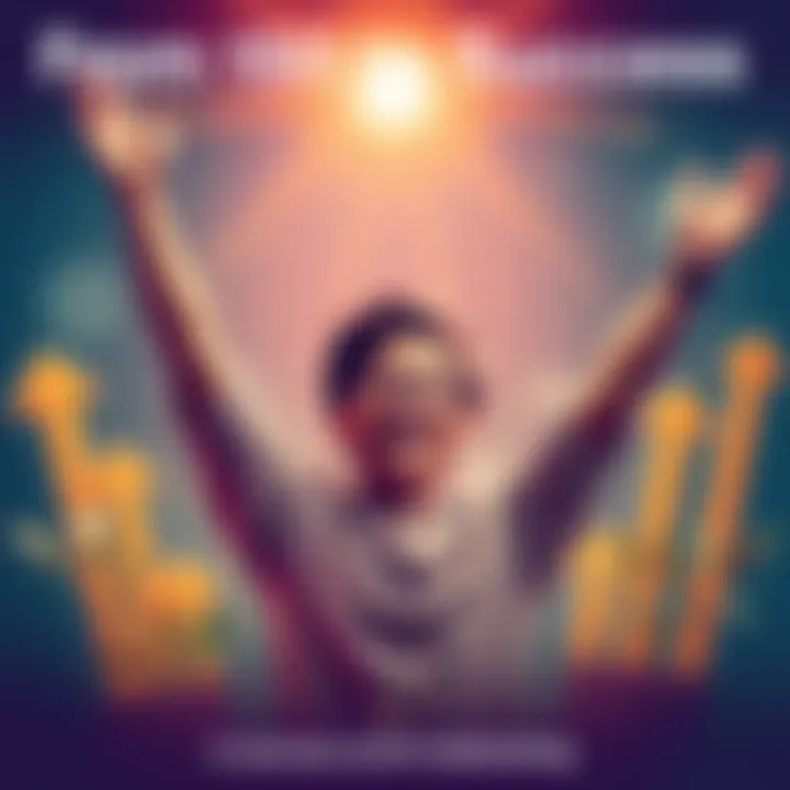 Celebrating Success A person smiling with arms raised in celebration, surrounded by symbols of growth like plants and upwards arrows, representing achievement and progress.