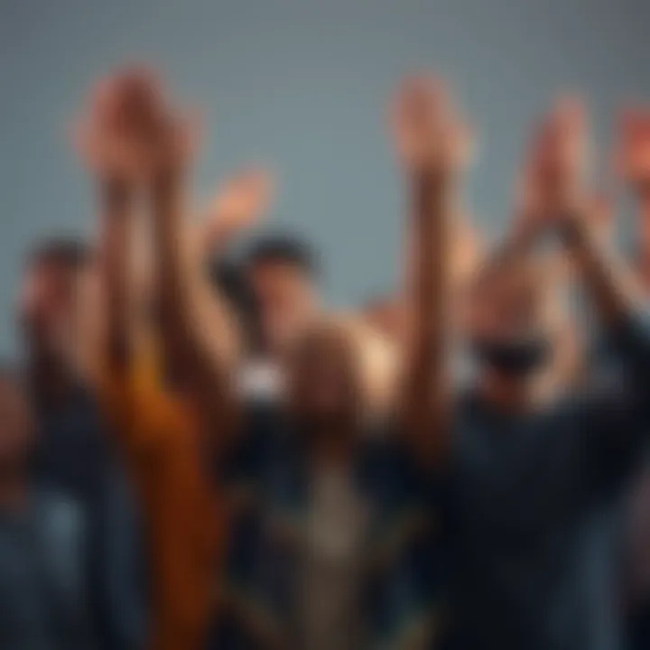 Celebrating Success A group of diverse people raising their hands in celebration with smiles, symbolizing joy and unity after overcoming challenges.