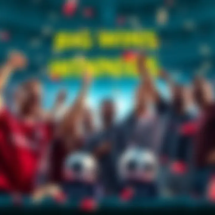 Group of football fans celebrating their winnings from Sorare Set, with cash prizes displayed in the background