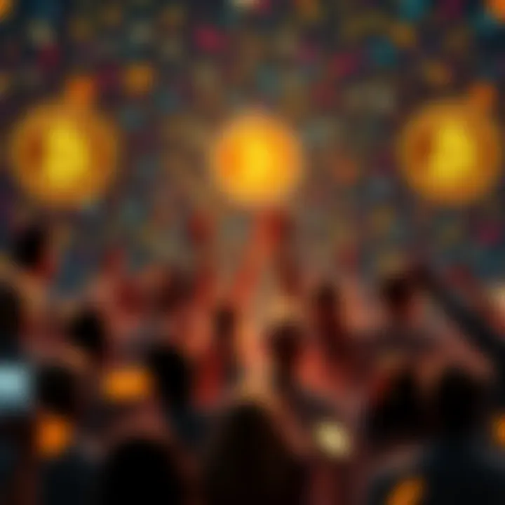 People celebrating the milestone of the 20 millionth Bitcoin being mined, with Bitcoin logos and confetti in the background