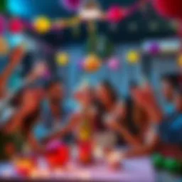A group of friends enjoying a joyful party with decorations and festive elements