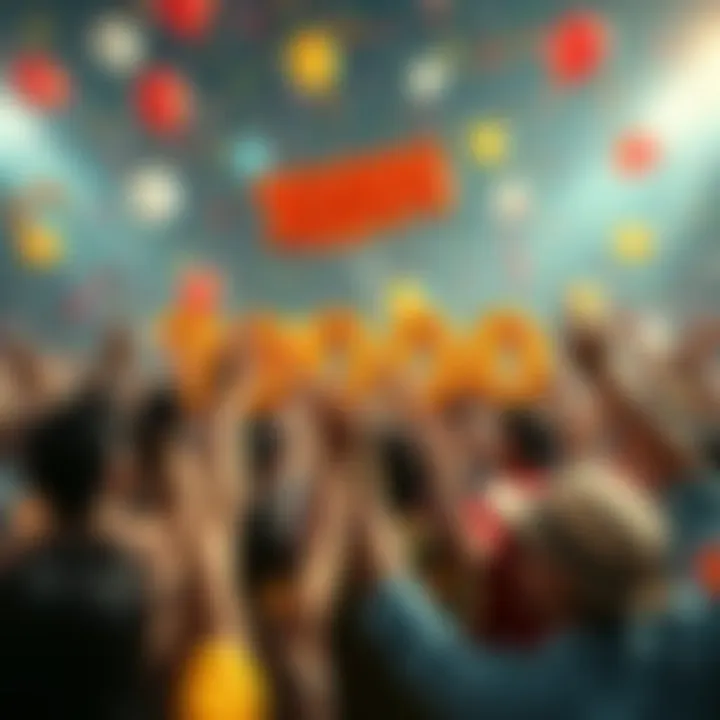 A vibrant celebration scene with people enjoying and cheering for the milestone of 30000 frens, filled with confetti and balloons, showing excitement and joy.