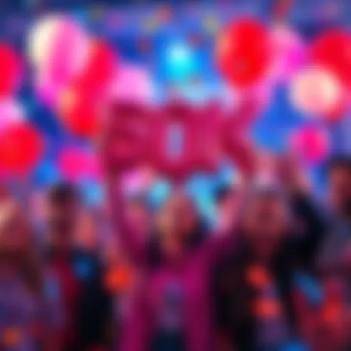 A vibrant group of people celebrating a milestone with balloons and confetti, smiling and enjoying the moment.