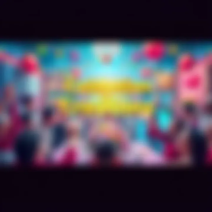 A colorful celebration scene showcasing various creative works from the community, with festive decorations and joyful expressions.