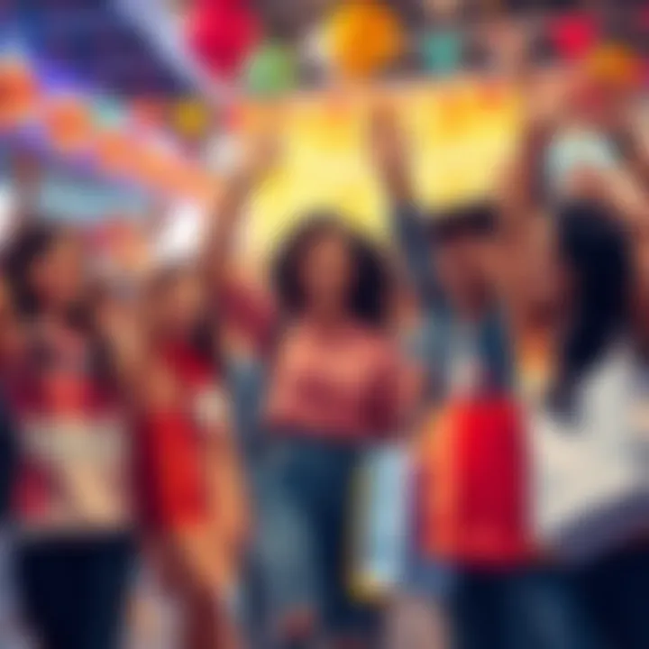 People celebrating discounts with shopping bags and happy expressions