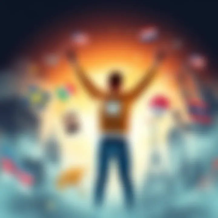 A person standing with arms raised in joy, surrounded by symbolic images of various countries and opportunities, representing personal growth after migration.