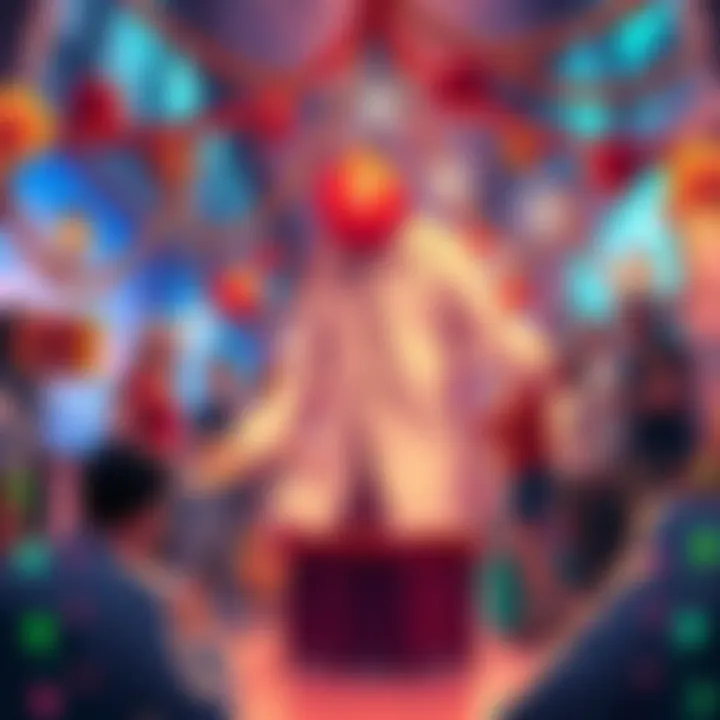 A vibrant scene showing people celebrating the achievement of sending 1500 parcels and obtaining the 100th legendary item, with decorations and festive elements around.