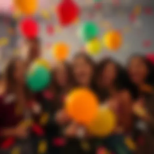 A joyful group of friends celebrating together with balloons and confetti.