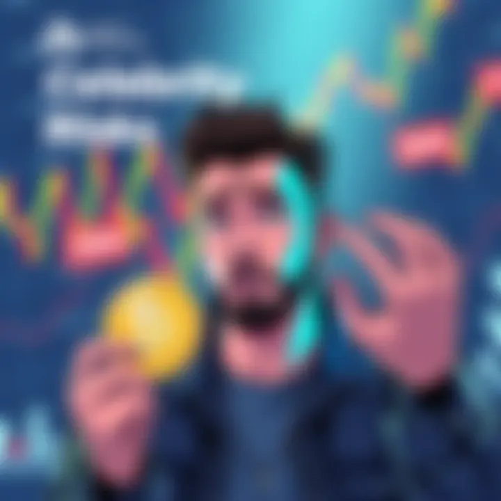 Illustration showing a celebrity looking worried while holding a cryptocurrency coin, with graphs indicating market volatility in the background.