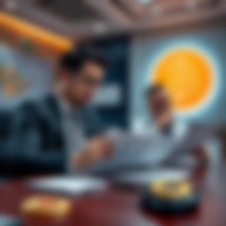 A boardroom scene showing two executives looking worried over financial documents, with a Bitcoin logo in the background and a police badge on the table.