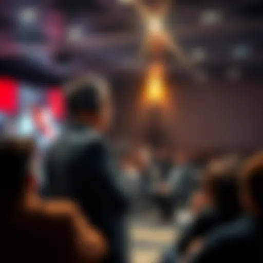 Anthropic CEO speaking about the importance of AI regulations at a conference, highlighting potential risks and safety measures, with an audience listening attentively.