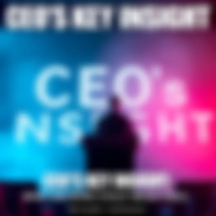 CEO's Key Insight A CEO stands at a podium, addressing employees with a single, impactful word displayed behind them, symbolizing change and motivation.