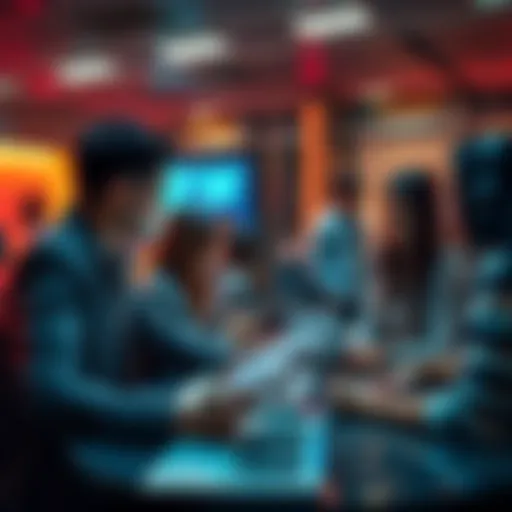 A group of people discussing centralized exchanges for internship opportunities, with notes and laptops open.