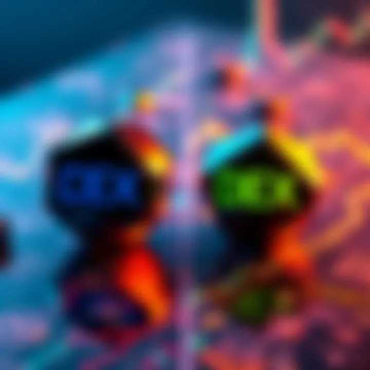 A visual comparison of centralized exchanges (CEXs) and decentralized exchanges (DEXs) showing their growth and characteristics in the trading market.