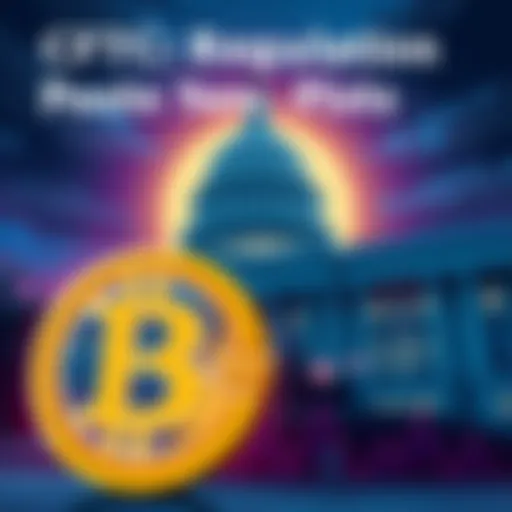 Illustration of the CFTC logo next to a digital currency symbol, representing new crypto regulations, with a government building in the background.