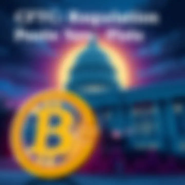Illustration of the CFTC logo next to a digital currency symbol, representing new crypto regulations, with a government building in the background.