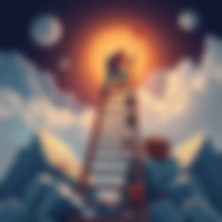 A visual of a person climbing a ladder with various challenges on each rung, surrounded by maps and travel items, symbolizing the journey without spending money.