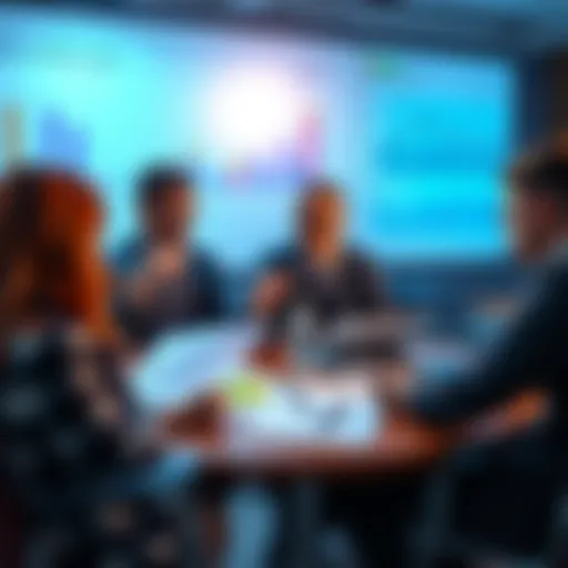 A business setting showing a team discussing financial charts and documents related to fiat transactions in an offshore crypto company, with a focus on expenses like salaries and legal fees.