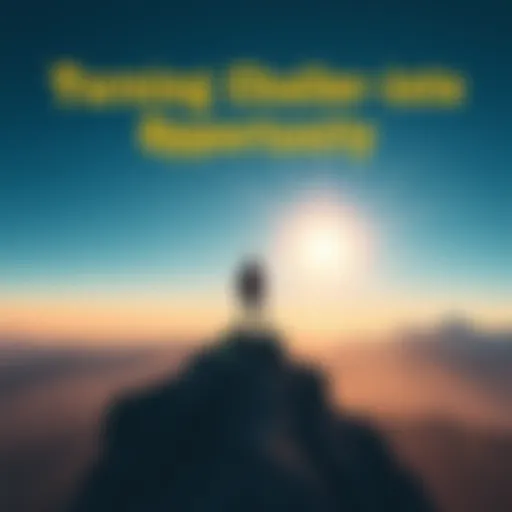 A person standing on a mountain peak looking at a bright sunrise, symbolizing hope and new beginnings during tough times.