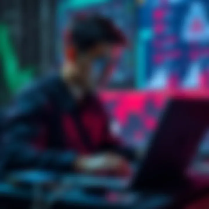 Person coding to challenge banking A determined individual coding on a laptop to innovate against traditional banking systems