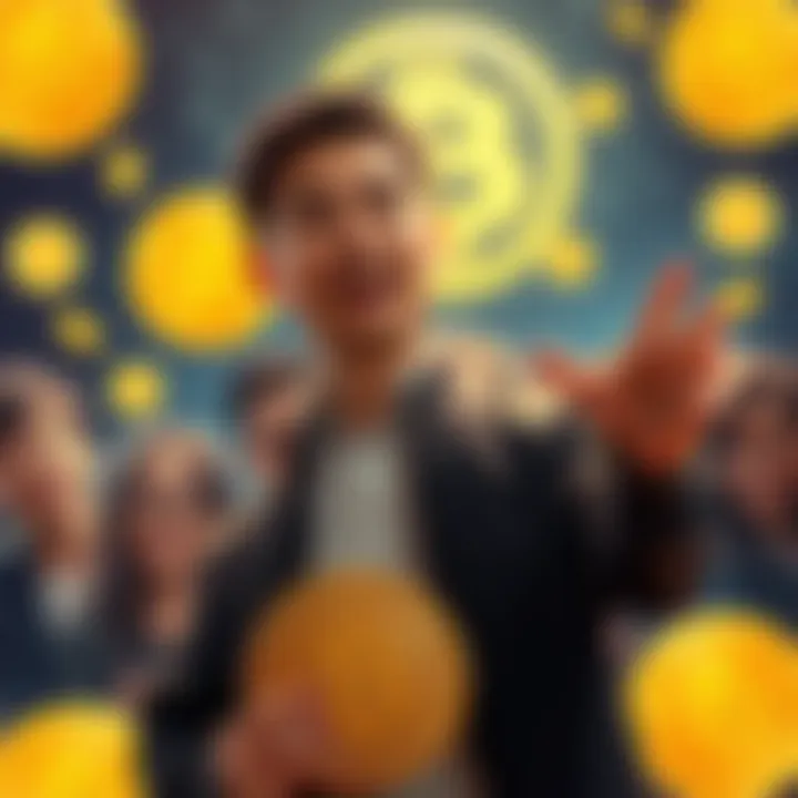 Binance founder Changpeng Zhao speaking confidently to a group of Bitcoin holders, encouraging them to hold their investments, with Bitcoin symbols in the background