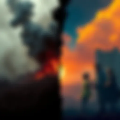 A split scene showing a war-torn area on one side and a hopeful family gathering on the other, symbolizing the contrast of chaos and hope for the future.