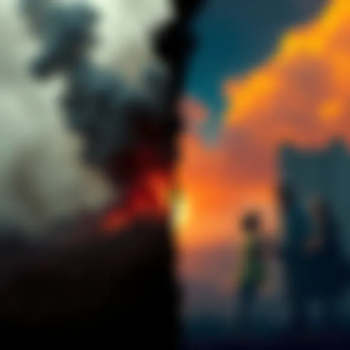 A split scene showing a war-torn area on one side and a hopeful family gathering on the other, symbolizing the contrast of chaos and hope for the future.