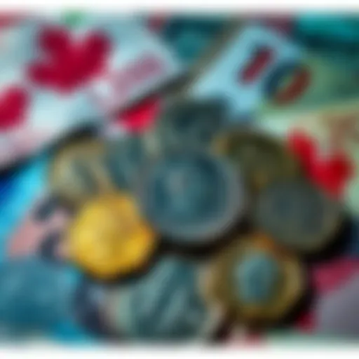 A collection of Charles III coins displayed with Canadian bills, highlighting their presence in circulation.