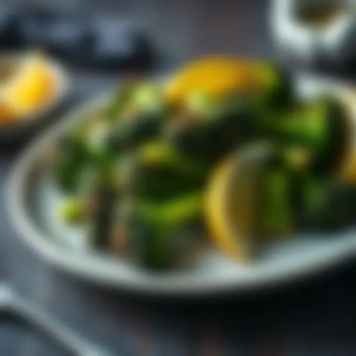 A plate of charred broccoli garnished with lemon and seasoning, showcasing its vibrant green color and crispy edges.