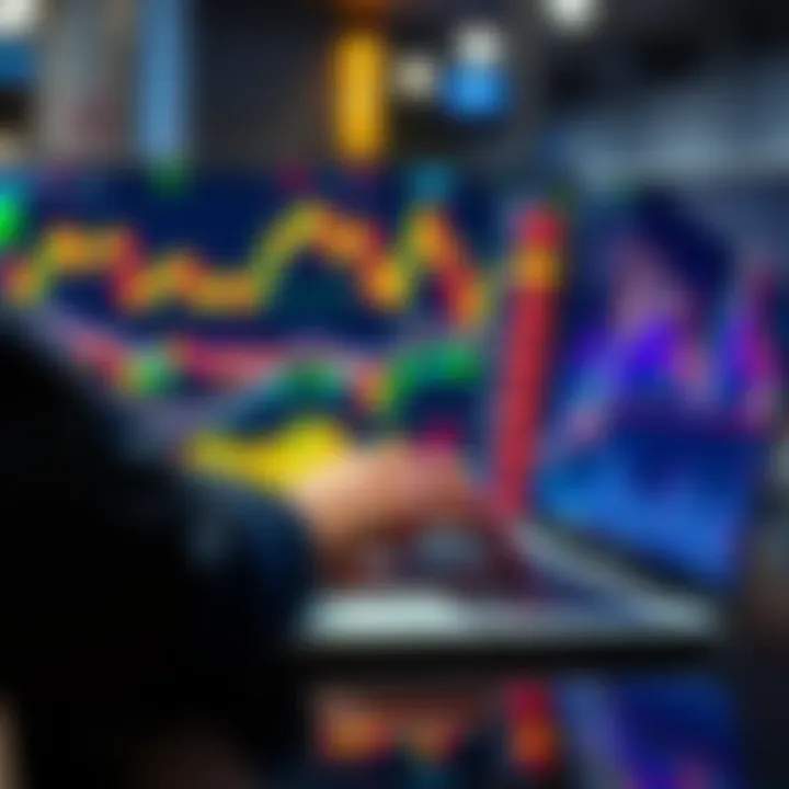 A person analyzing cryptocurrency charts on a laptop with colorful graphs and numbers on the screen.