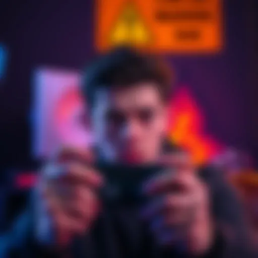 A gamer looking stressed while holding a controller, symbolizing the consequences of cheating in video games with a warning sign in the background.