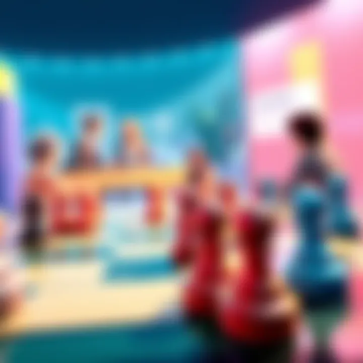 A vibrant digital illustration showing a checkers board with colorful pieces on the Seeker eco platform, featuring players engaged in a game and a donation option visible on the screen.