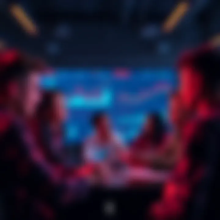 A group of people engaged in lively discussion about cryptocurrency trends, with charts and graphs displayed on a screen in the background.
