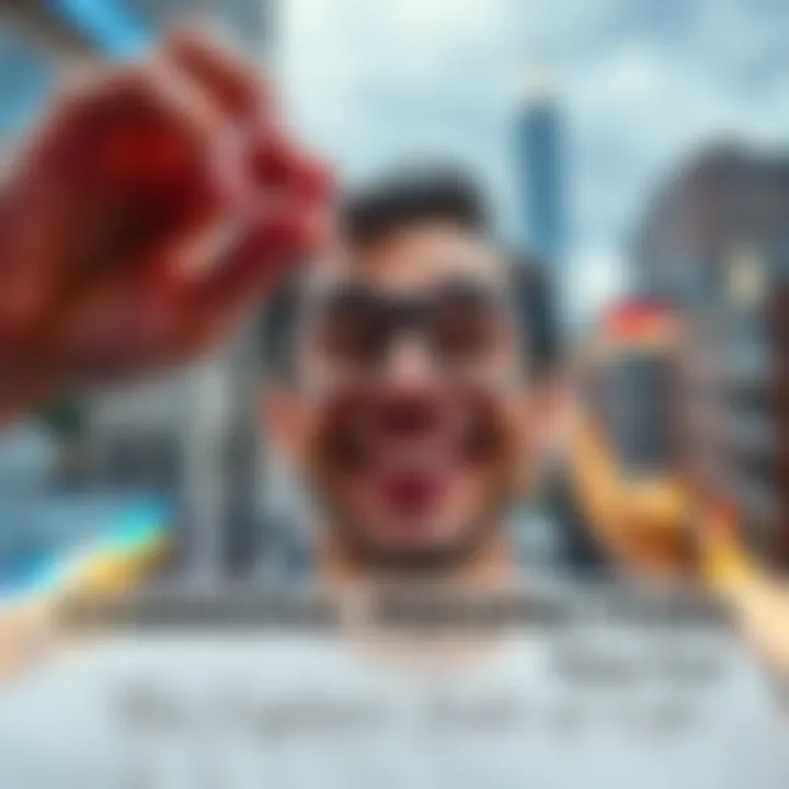 A person looking through a fun pair of glasses, smiling and enjoying a different view of a cityscape, showcasing humor and positivity.