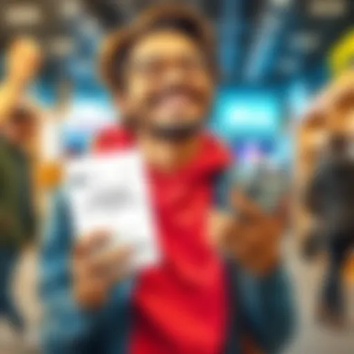 A happy shopper laughing while holding a funny order confirmation on their phone