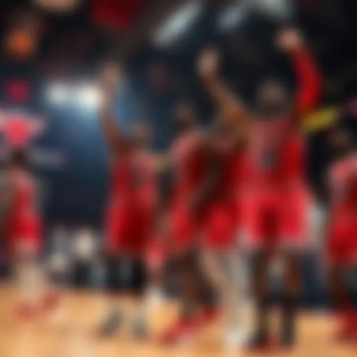 Chicago Bulls players in red jerseys celebrating a win during a game