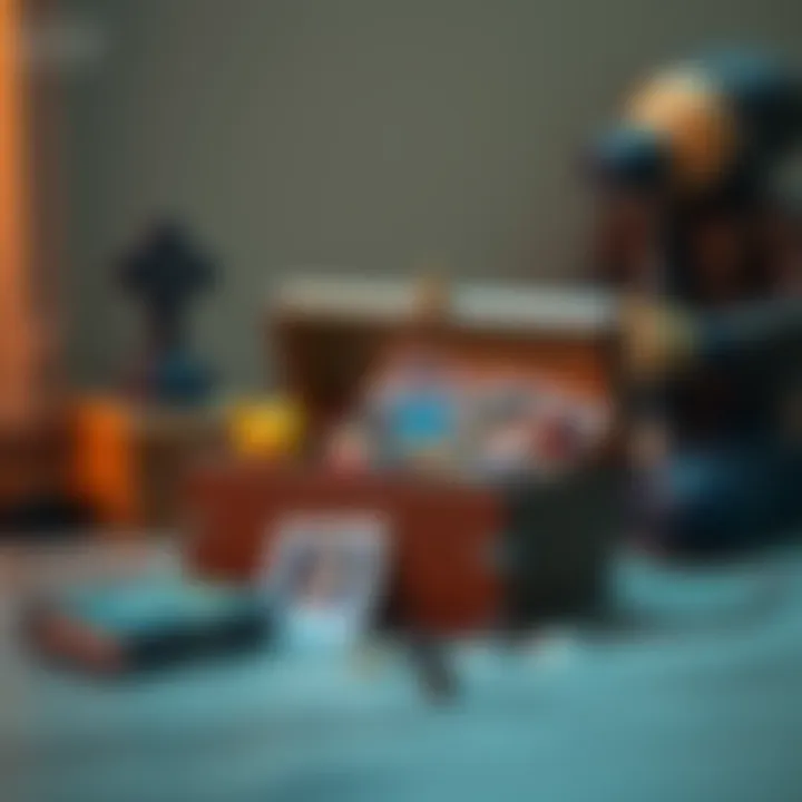 A small box holds sentimental childhood items like toys and photos, evoking memories.