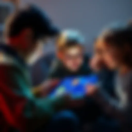 A parent explains cryptocurrency to their children while showing images of Bitcoin, Ethereum, and Solana on a tablet