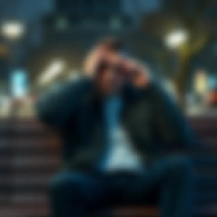 A chill guy sits on a park bench with a worried expression, holding his head in his hands, reflecting on his lost savings.