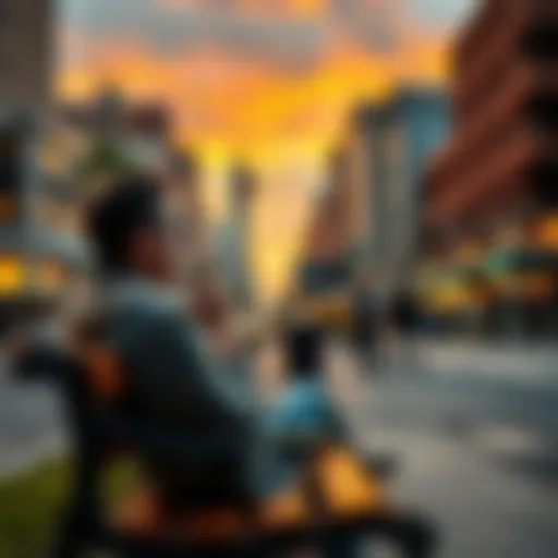 A person relaxing on a bench, smoking and watching the busy city life around them, with buildings and people in view.