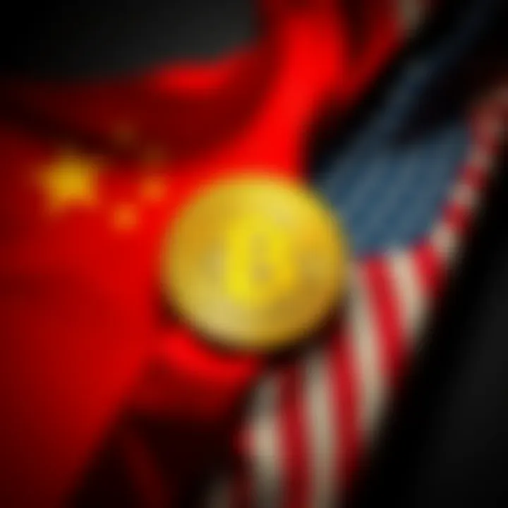Chinese flag and U.S. flag with Bitcoin symbol in the middle, representing the accusation of theft