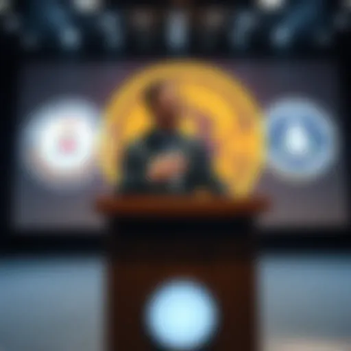 A Chinese professor speaking at a podium about Bitcoin and the CIA, with a large projection screen behind him showing Bitcoin symbols and CIA logos