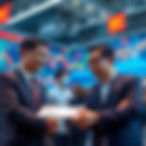 A group of Chinese people in business attire discussing investment options with financial charts in the background