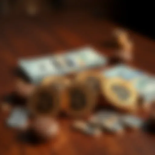 A group of shiny chocolate coins shaped like bitcoins on a wooden table, surrounded by a few real coins and a small stack of dollar bills.