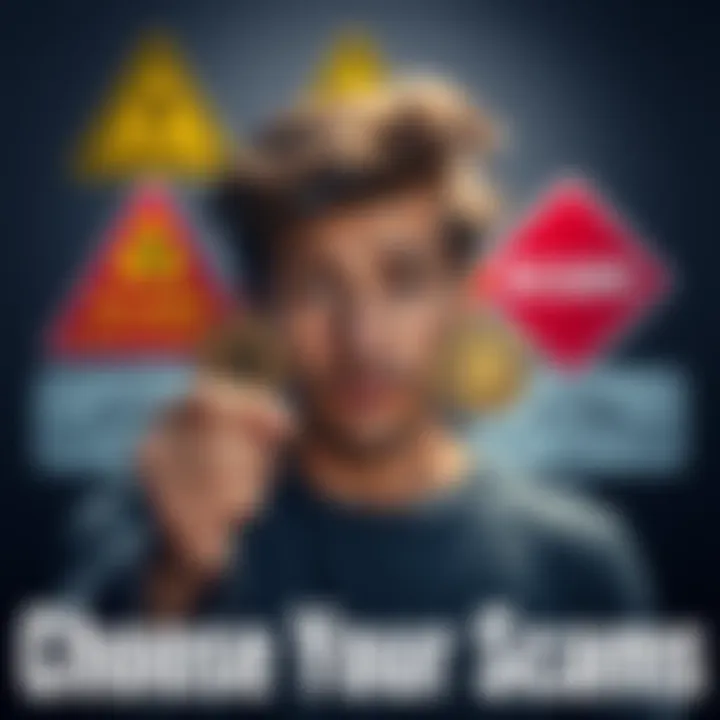 Choose Your Side Against Coin Scams A person holding two coins, looking confused, with warning signs in the background about scams.