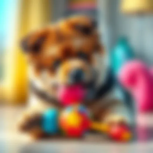 A playful Chow Chow German Shepherd mix puppy with fluffy fur, happily chewing on a colorful toy in a bright room.
