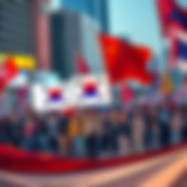A diverse group of South Korean citizens holding banners and flags, united in a public demonstration to support democracy and civil rights.