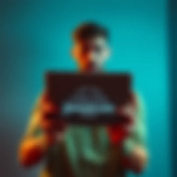 Claim Your Sweatcoin Prize A person holding a MacBook Pro with a confused expression, looking at their phone for prize claiming instructions