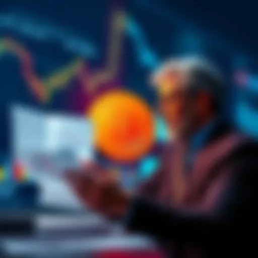 A businessman analyzing Bitcoin charts and documents related to the Clarity Act, symbolizing institutional interest in cryptocurrency.